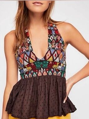 Free People Peruvian Paradise Halter embroidered top M